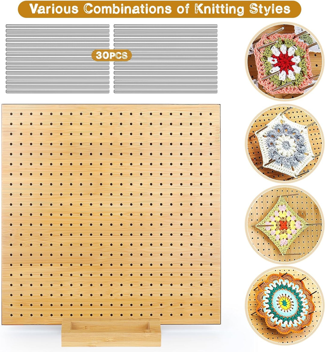 Coopay Granny Square Spanner, 29 x 29 cm Bambus Blocking Board mit Aussparung Kanal für 30 Stabstift