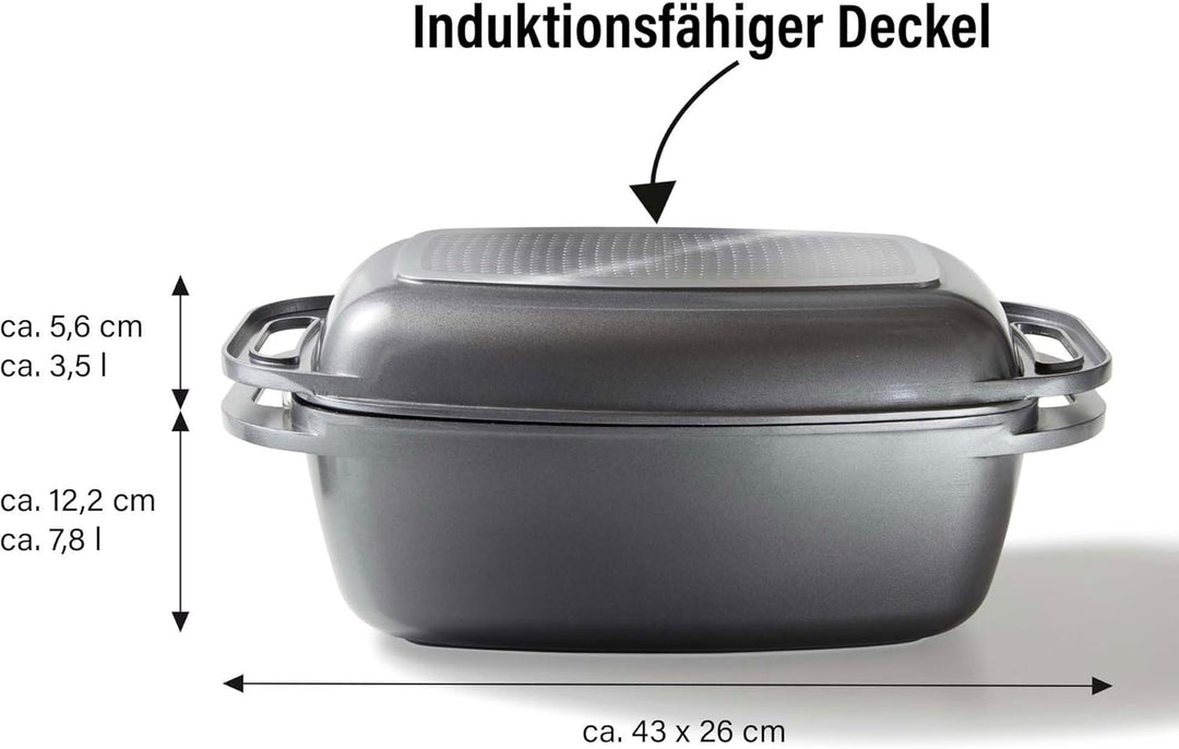 STONELINE Bräter Induktion 43 x 26 cm, 7,8 L, Bräter mit Deckel backofengeeignet, Deckel als Auflauf