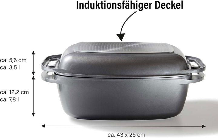STONELINE Bräter Induktion 43 x 26 cm, 7,8 L, Bräter mit Deckel backofengeeignet, Deckel als Auflauf