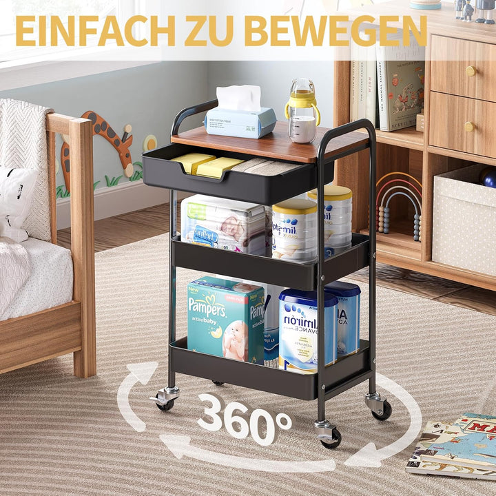 KINGRACK Aufbewahrungswagen 3-Tier mit Tischplatte, Multifunktionswagen aus Metall für Küche, Haus,