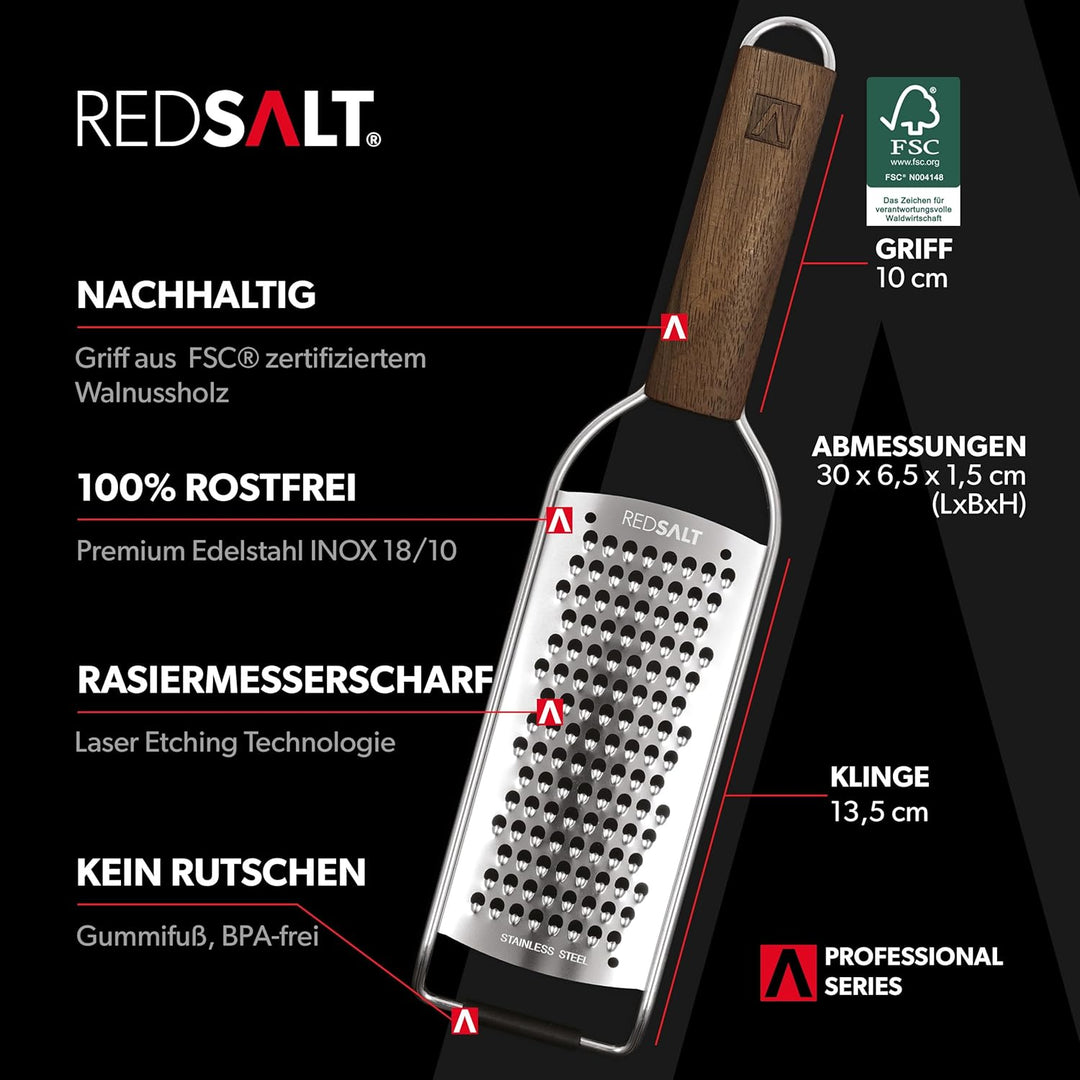 REDSALT® Premium Parmesanreibe mit Holzgriff | rasiermesserscharfe Profi Julienne Edelstahl Reibe fü