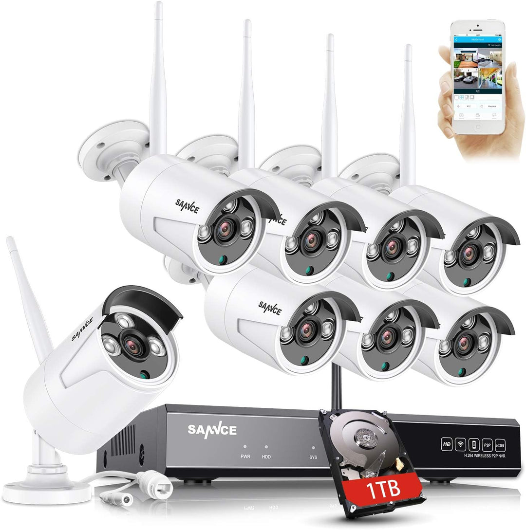 SANNCE WLAN Überwachungskamera Set 8x 3MP IP Aussen Kamera und 8CH 5MP Wireless NVR mit 1TB Festplat