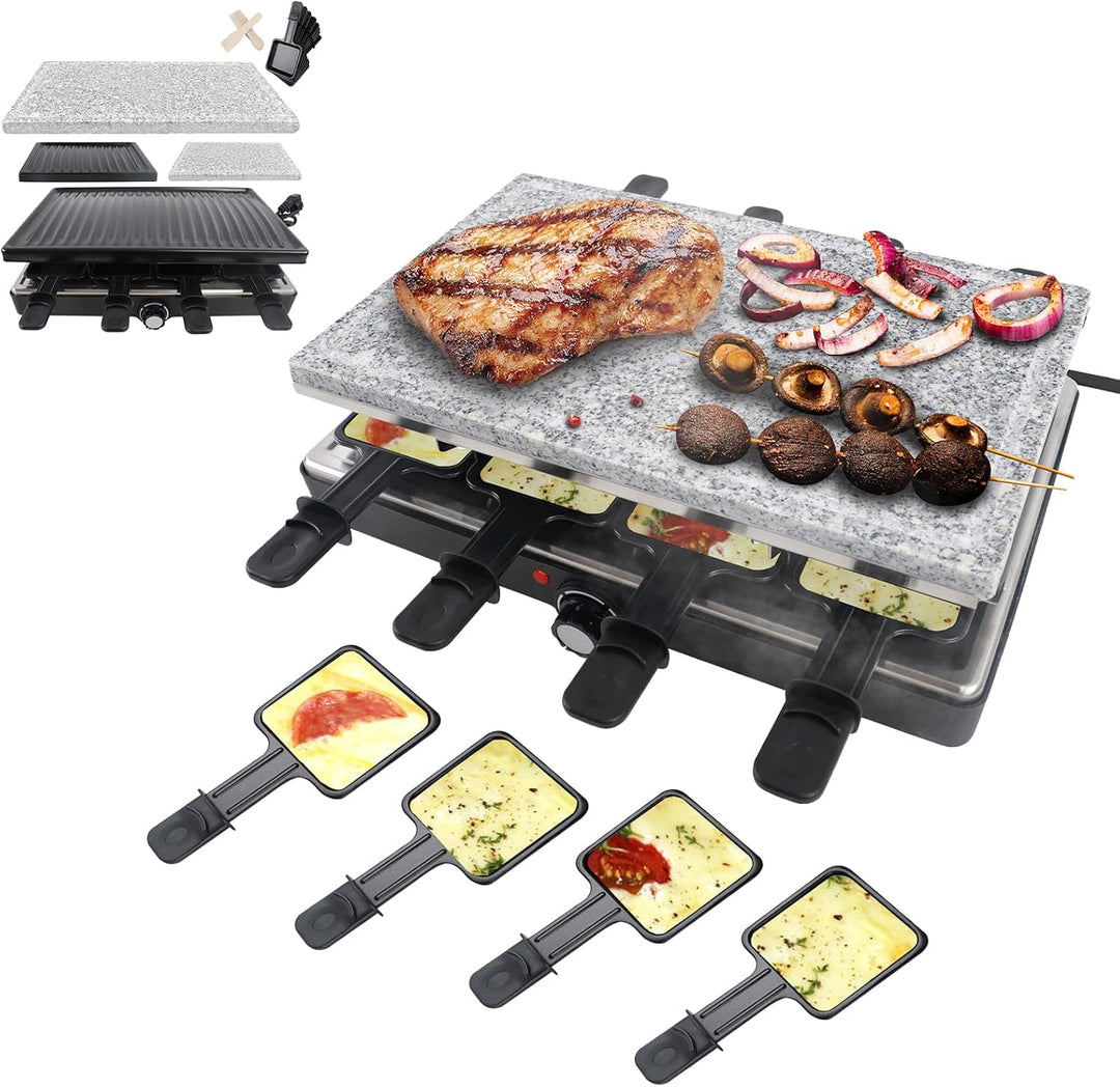 YARDIN Raclette Grill Grillplatte Tischgrill für 8 Personen, Steinplatte und Grillplatte Antihaftbes