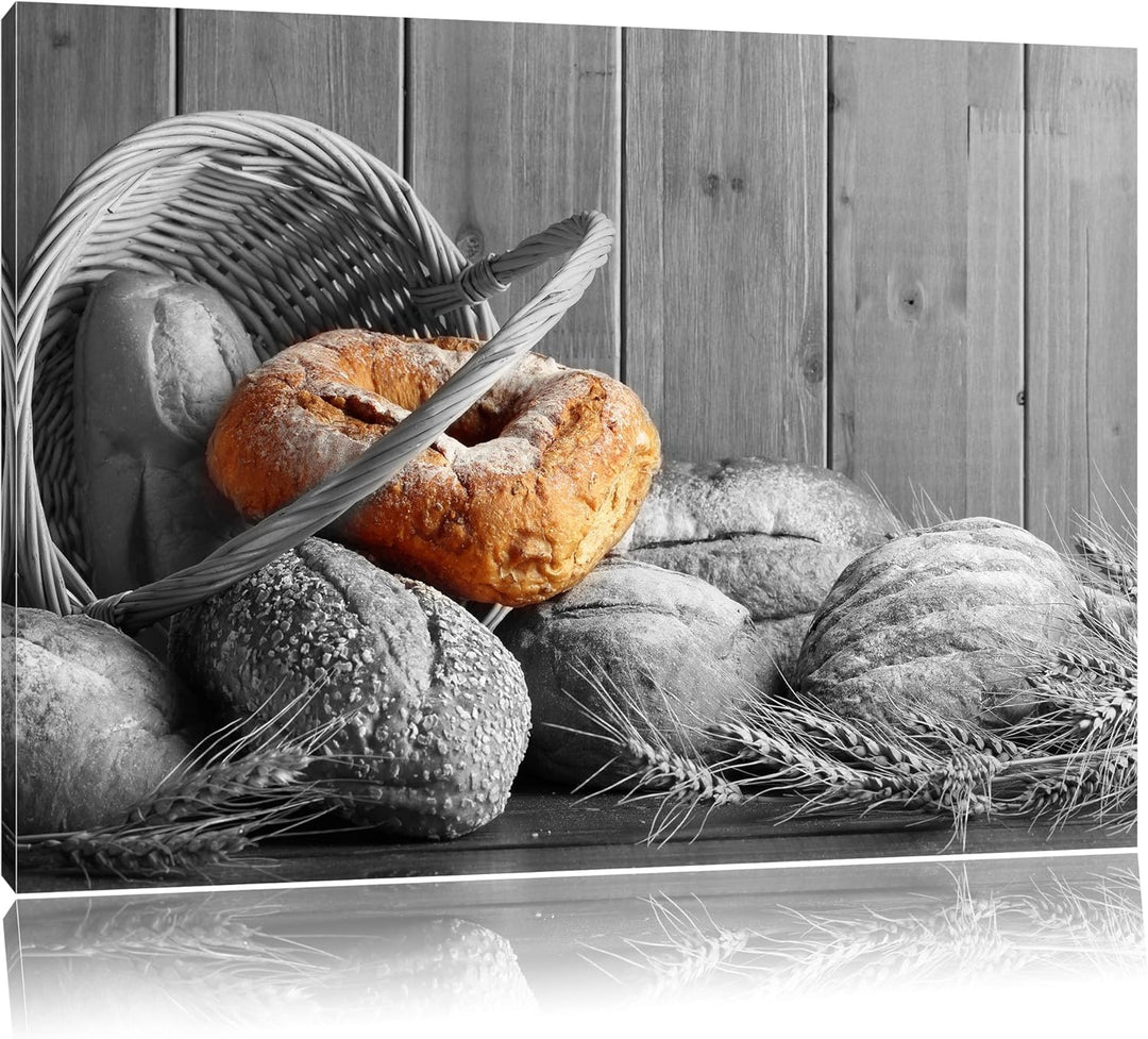 frisch gebackene Brötchen in geflochtenem Korb schwarz/weiss Format: 100x70 auf Leinwand, XXL riesig