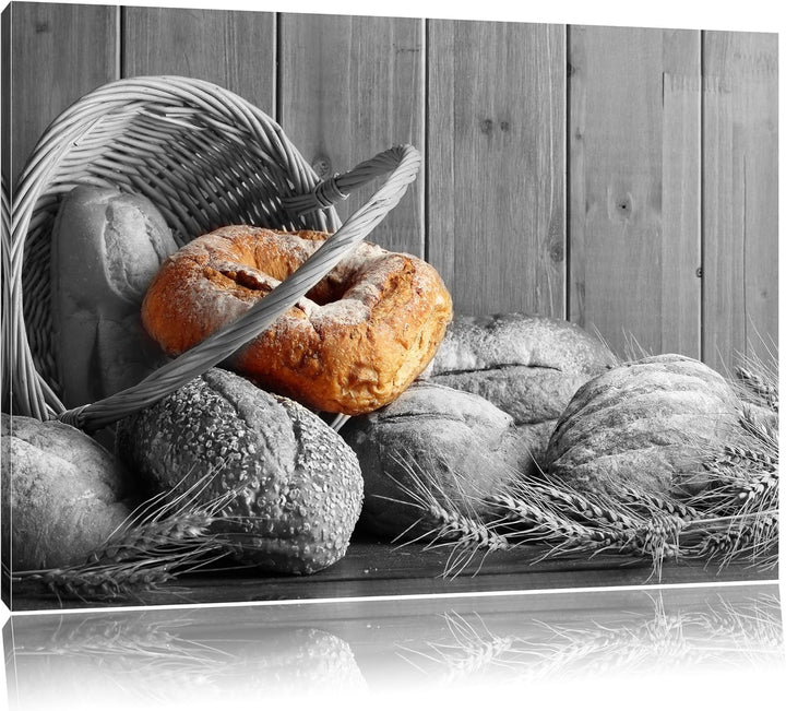 frisch gebackene Brötchen in geflochtenem Korb schwarz/weiss Format: 100x70 auf Leinwand, XXL riesig