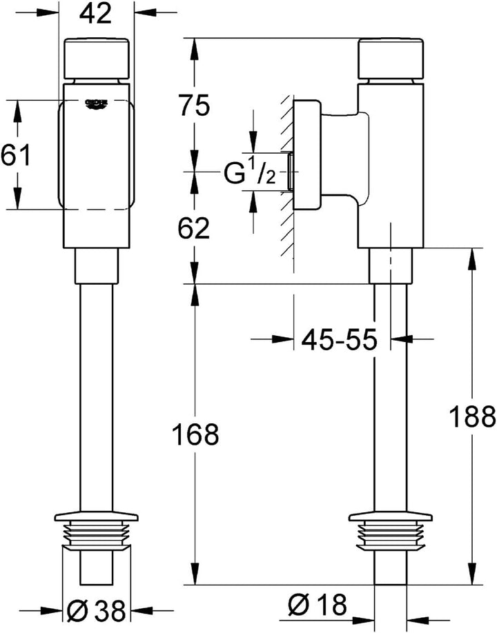 GROHE Rondo - Druckspüler für Urinal (1/2 Zoll, langlebige Oberfläche, 1,0 - 4,0 l), chrom, 37339000