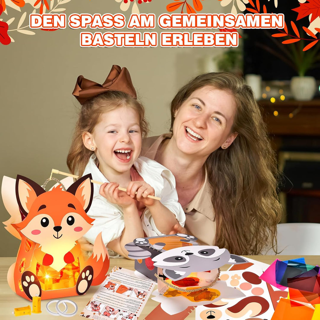 Herenear 3 Stück Herbst Kinder Laternen, Tierische Papierlaternen mit Laternenstäben, DIY Tier Dekor