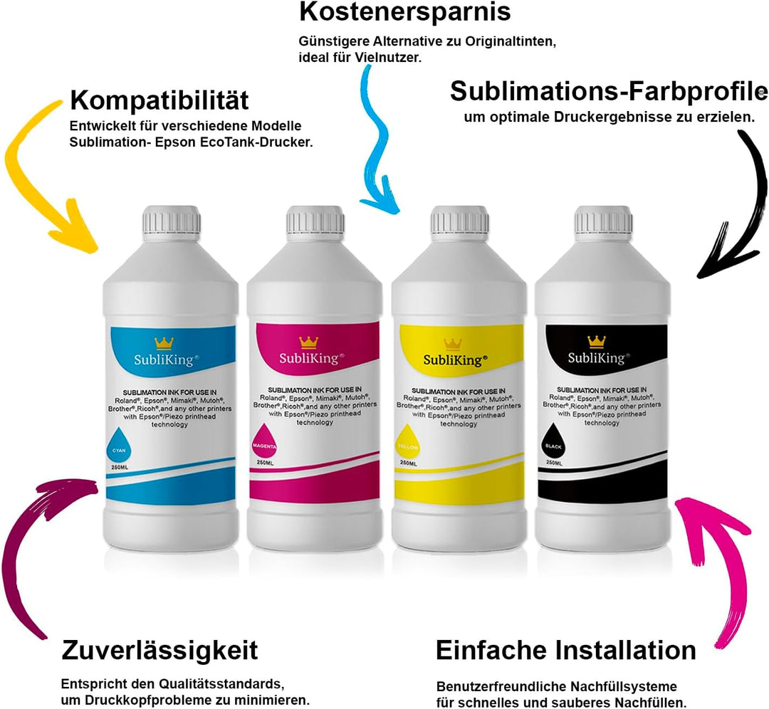 4X 250ml SubliKing® Sublimationstinte (CMYK-Set) für