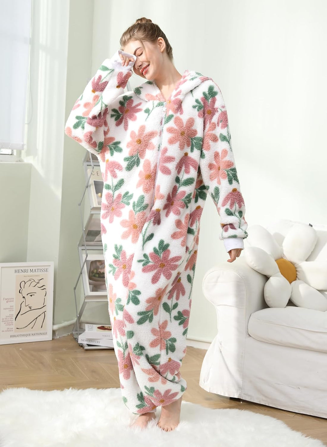 Focupaja Damen Fuzzy Pyjamas mit Kapuze Erwachsene Onesie Reissverschluss Warmes Fleece Gedruckt Wei