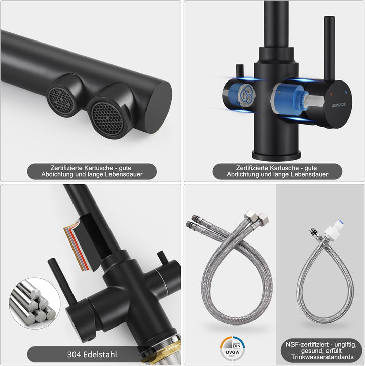 BONADE 3 Wege Wasserhahn Schwarz Matt, 360° Drehbar Küchenarmatur Trinkwasserhahn mit 2 Hebel, Misch