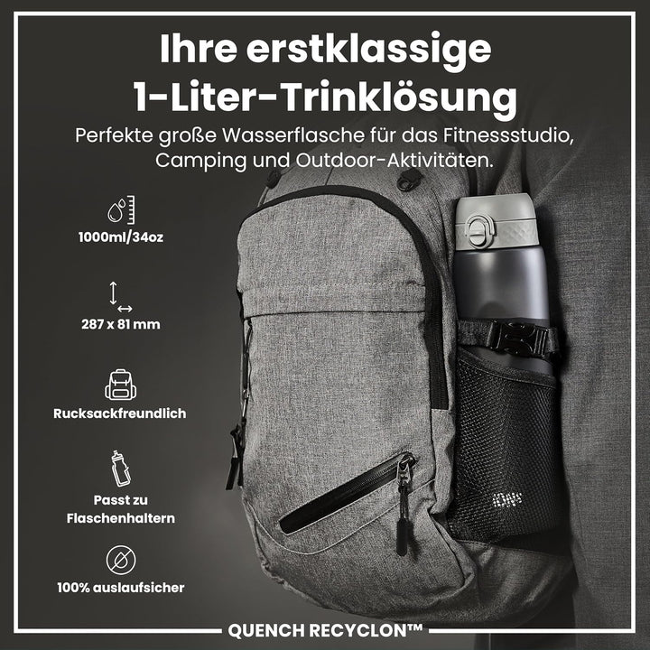 Ion8 1 Liter Trinkflasche, 1000ml, Auslaufsicher, Einhandöffnung, Sichere Verriegelung, Spülmaschine