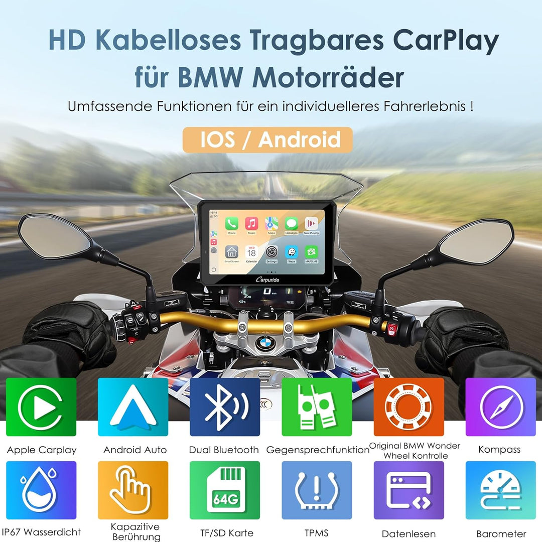 Carpuride W702BS Pro Motorrad Carplay Bildschirm mit BMW Wonder Wheel für BMW Motorrad, Kabelloses C