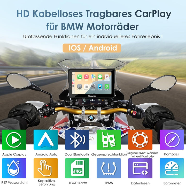 Carpuride W702BS Pro Motorrad Carplay Bildschirm mit BMW Wonder Wheel für BMW Motorrad, Kabelloses C