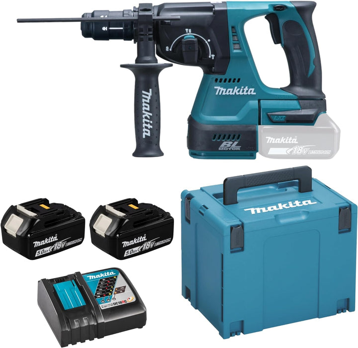 Makita Akku-Kombihammer für SDS-Plus, (18 V, 5,0 Ah im Makpac inklusive 2 Akkus und Ladegerät), DHR2