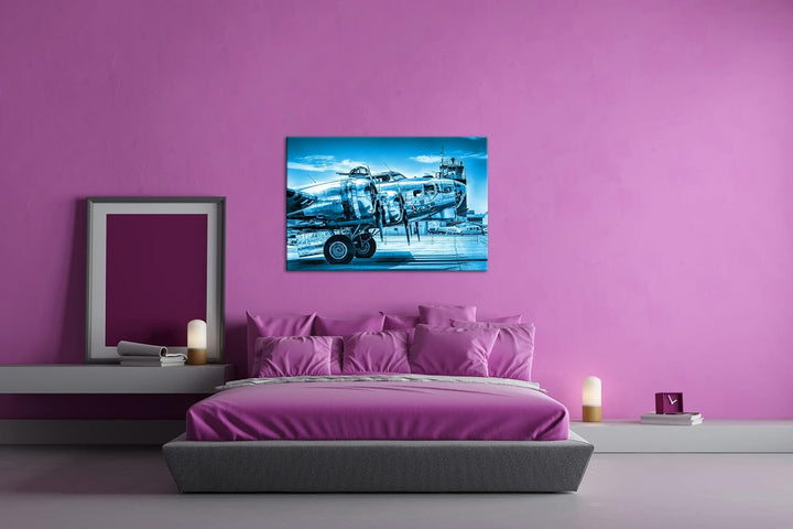 deyoli Silbernes Militär Flugzeug Format 80x60 Effekt: Monocrome Blau als Leinwandbild, Motiv fertig