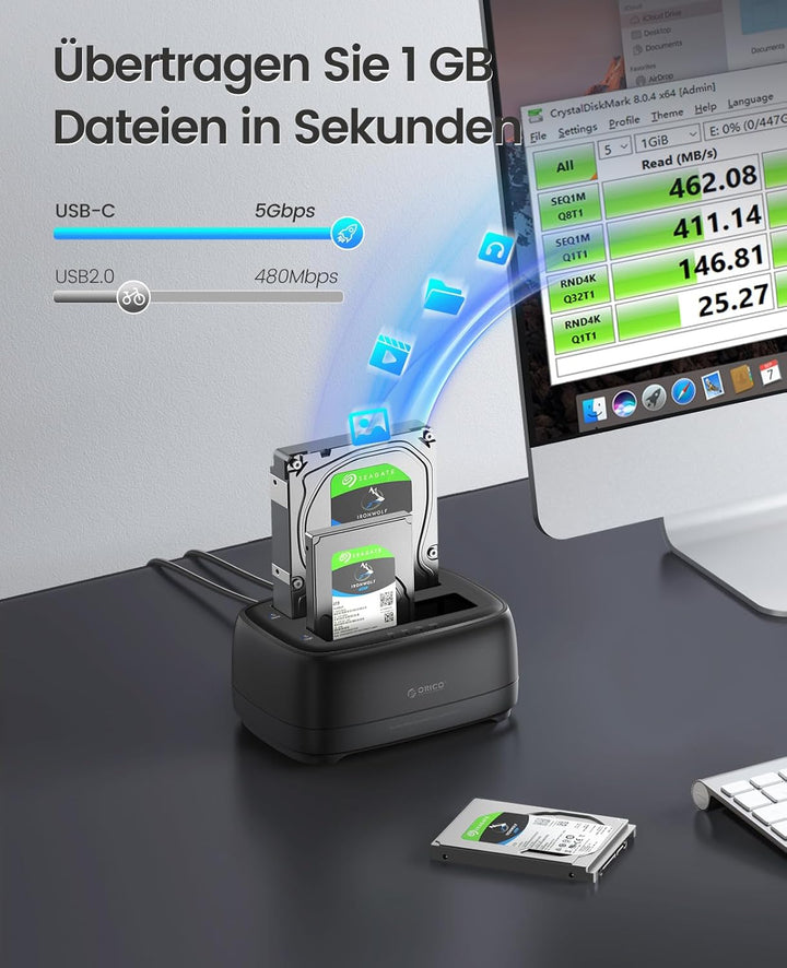 ORICO Festplatten Docking Station, Offline Klon USB 3.2 Gen 1 SSD/HDD Dockingstation für 2,5" und 3,