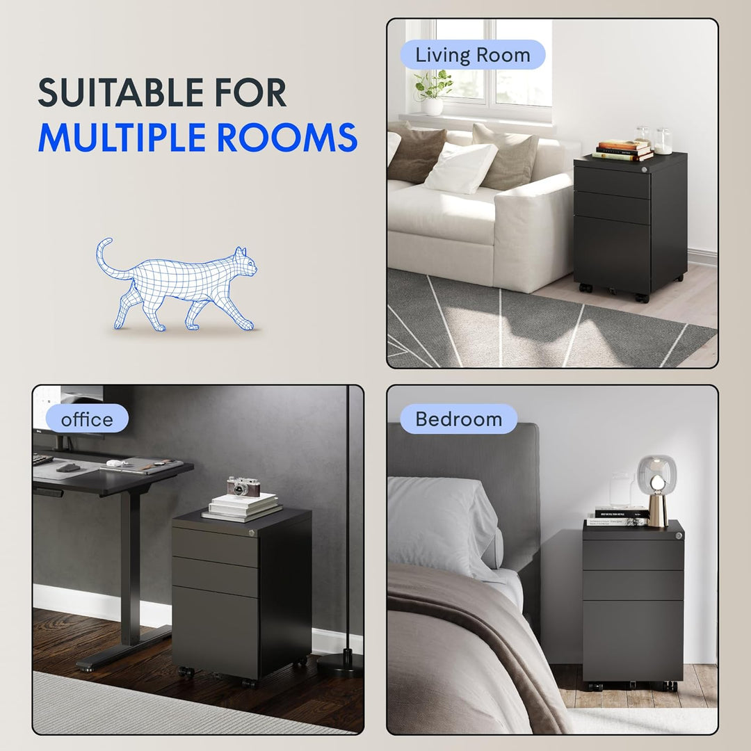 FLEXISPOT Rollcontainer mit 3 Schubladen, mobiler Aktenschrank mit Rollen, Schubladenschrank Bürosch