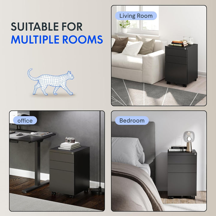 FLEXISPOT Rollcontainer mit 3 Schubladen, mobiler Aktenschrank mit Rollen, Schubladenschrank Bürosch