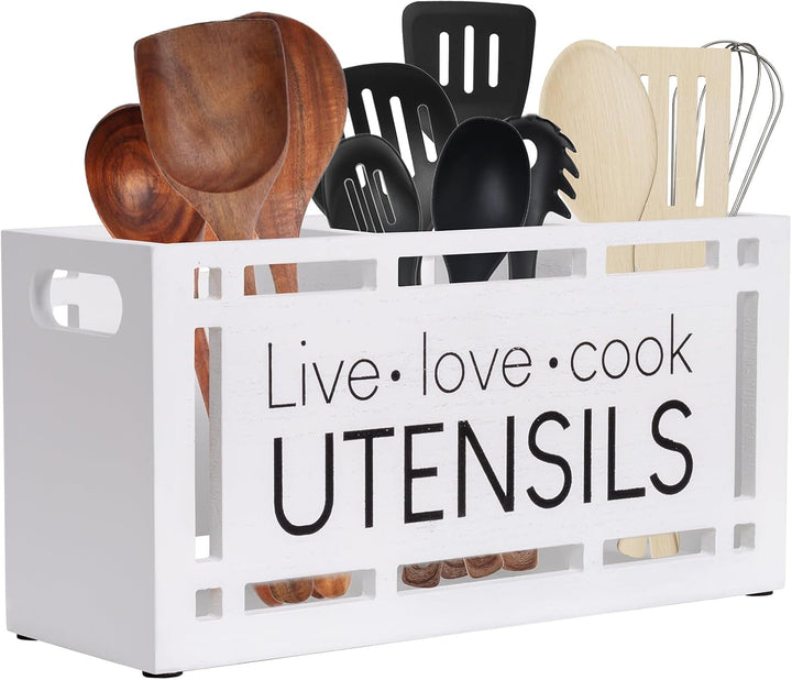 Karisky Utensil Holder for Kitchen Counter, Large 3 Compartments Solid Real Wood Utensil Caddy Organ