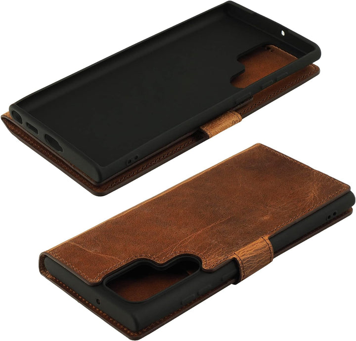 Suncase Book-Style Hülle kompatibel mit Samsung Galaxy S22 Ultra 5G Leder Tasche (Slim-Fit) Lederhül