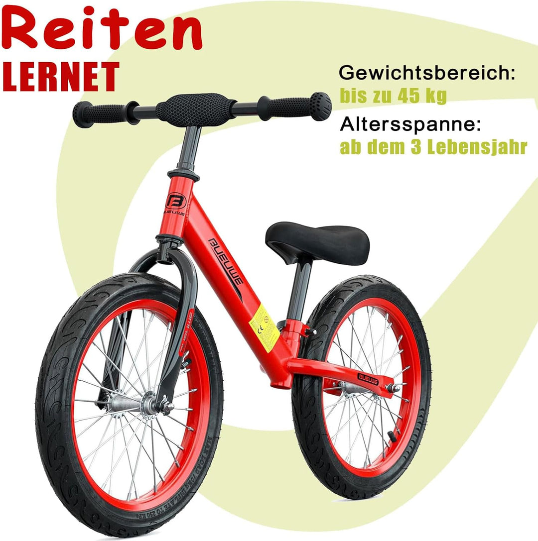 Bueuwe Kinder Laufrad 16 Zoll ab 3 4 5 6 7 Jahre für Mädchen und Junge, Kinderlaufrad mit Verstellba