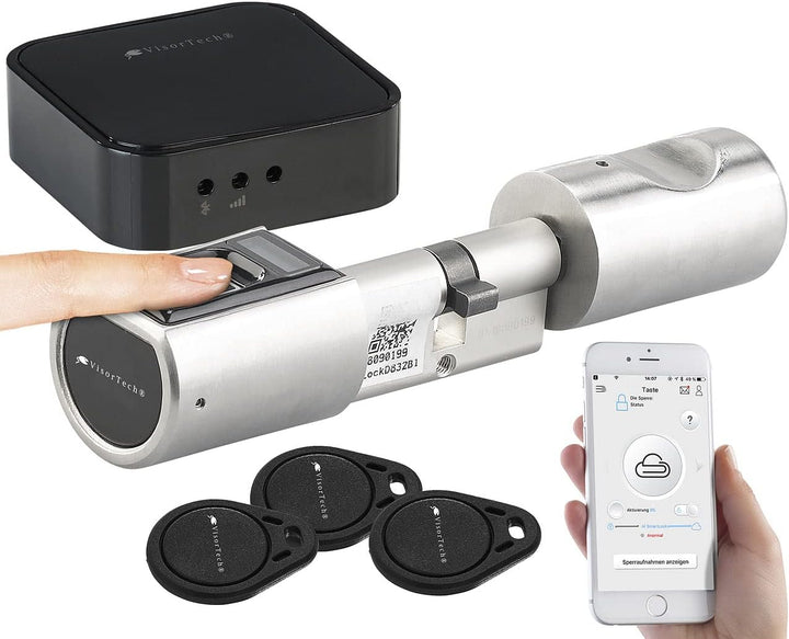 VisorTech Fingerprint Türschloss: Elektronischer Tür-Schliesszylinder, Fingerprint, Transponder, Gat