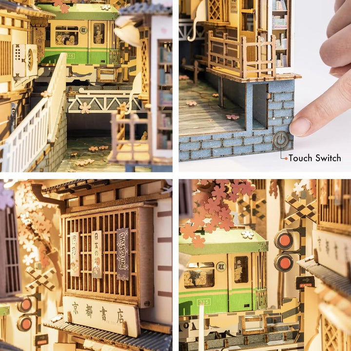 Rolife Sakura Densya DIY Book Nook Kits Modell Holzbausatz,Bookshelf Insert Diorama Bookends, Bookno