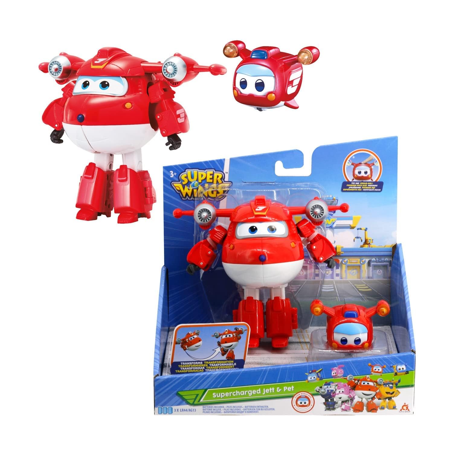 Super Wings Transforming Flugzeug Supercharged und Super Pet Jett, Spi