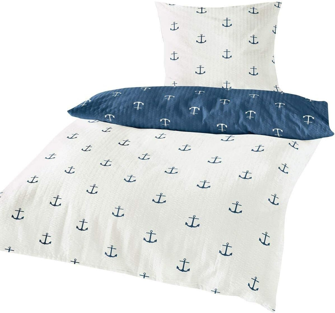 Traumschlaf Seersucker Sommer Wende-Bettwäsche Anker - Bügelfrei - maritim Set 135x200 cm + 80x80 cm