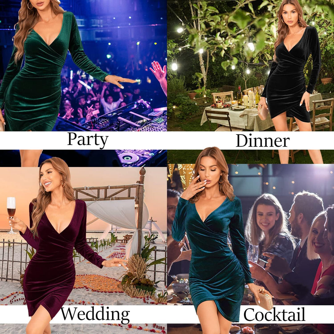 CheChury Damen Winterkleid Festlich Kleid Samtkleid Lange Ärmel Wickelkleid Bodycon Kurzes V Ausschn