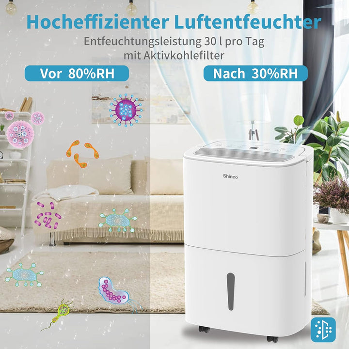 SHINCO Elektrische Luftentfeuchter, 30L/24h, Wifi, Energieeinsparung, Automatischer Neustart, Wäsche
