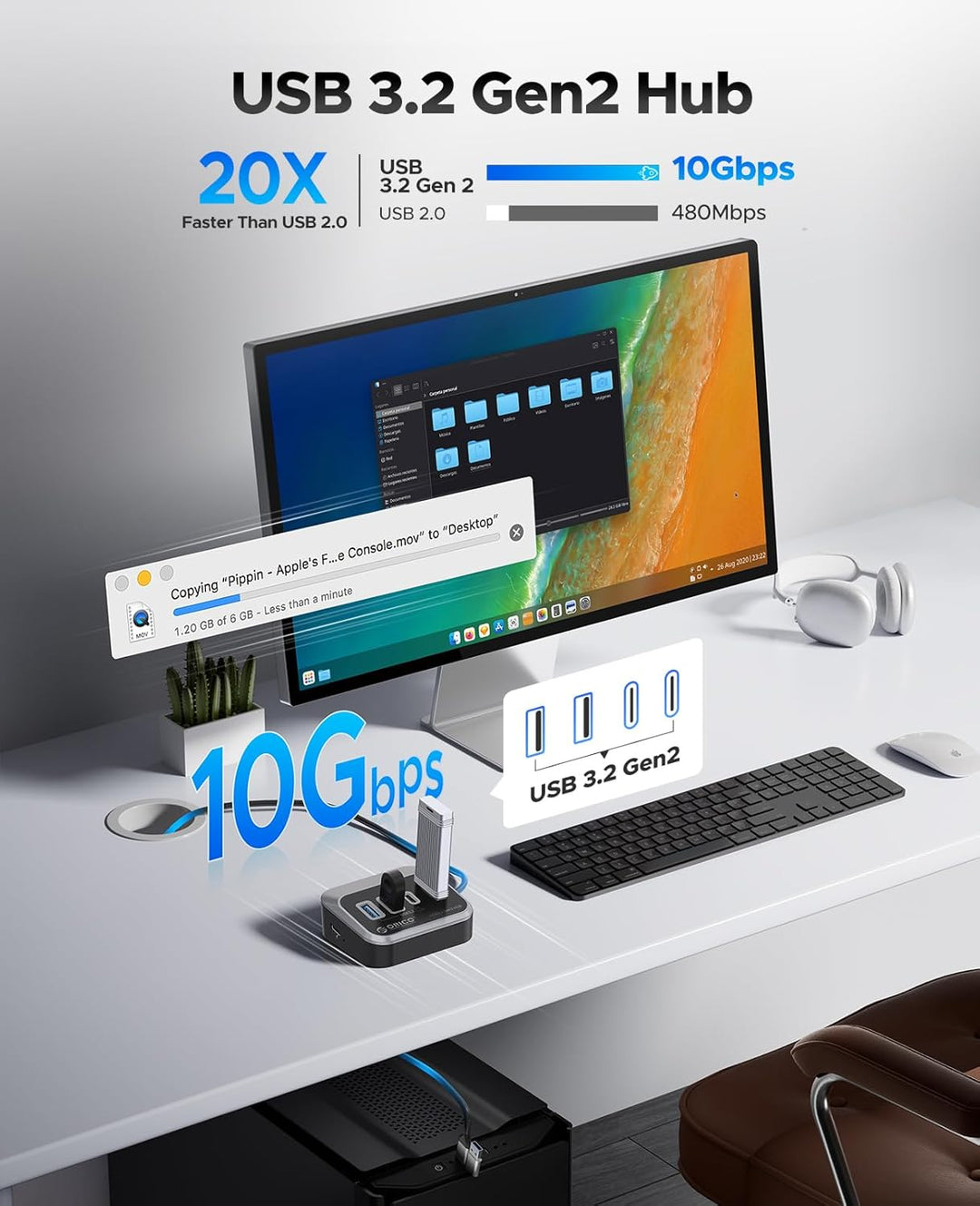 ORICO USB 3.2 Hub, USB 3.2 Gen 2 Hub mit 2 USB-A 3.2 Gen2 und 2 USB-C 3.2 Gen2, USB-Splitter kompati