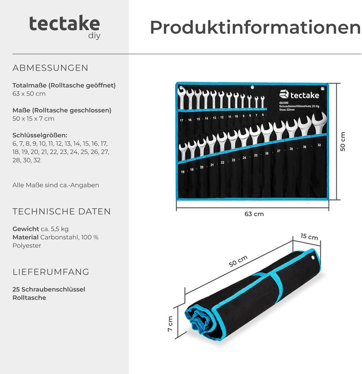 TecTake Maulringschlüssel Satz 6-32 mm 25-teilig mit Tetron Rollstasche - Diverse Farben - (Blau | N