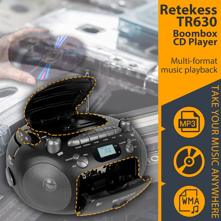 Retekess TR630 CD Player mit Kassette, Radio Batteriebetrieben, Kassettenrecorder, mit Fernbedienung