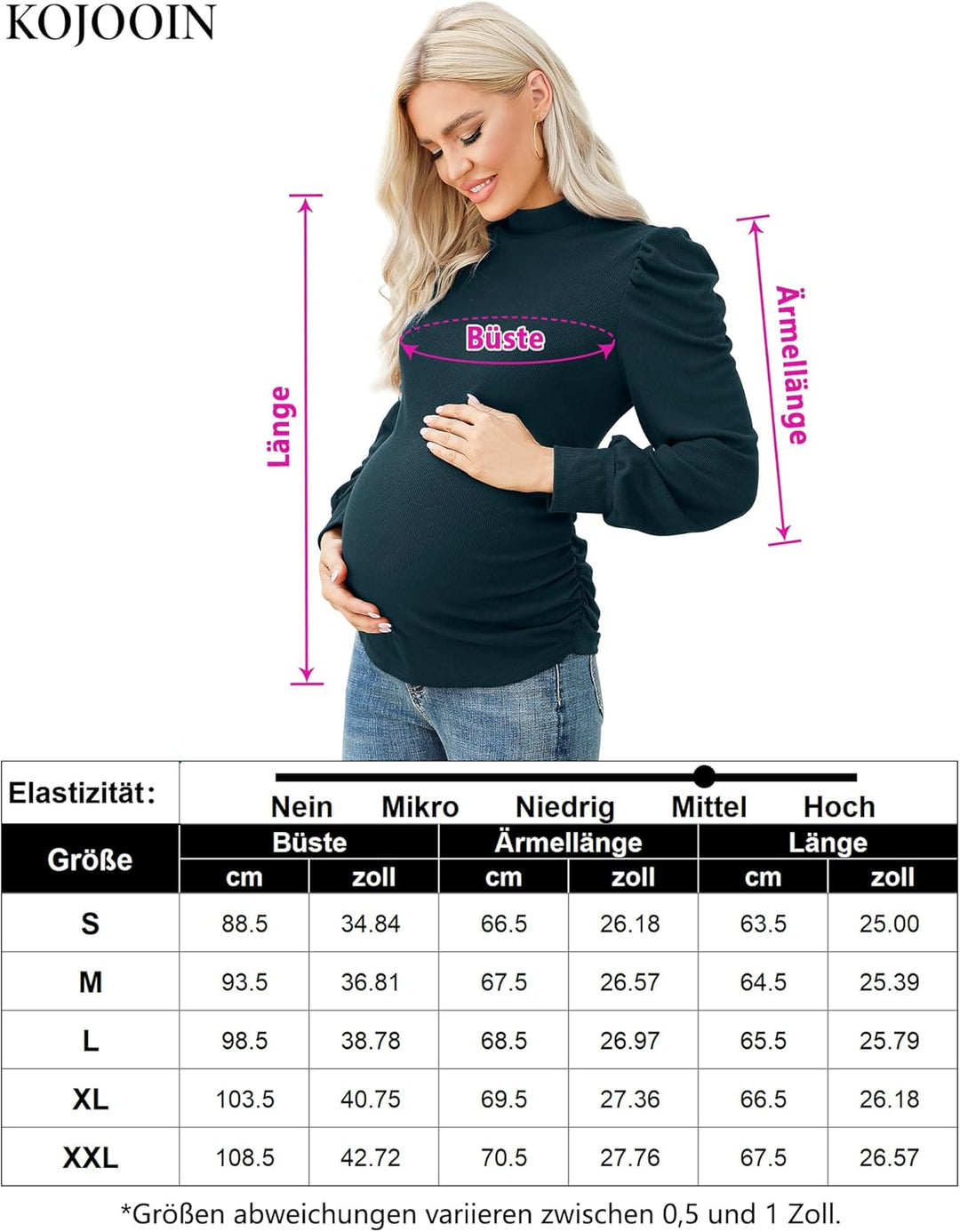 KOJOOIN Damen Umstandsshirt Langarm Umstandsbluse Rollkragen Umstandsmode mit Seite Geraffen Dunkelg