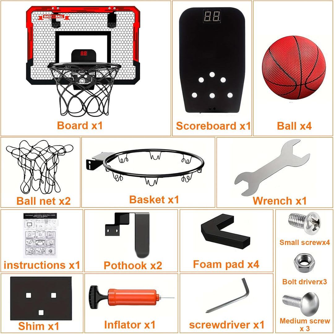 UCAMP Mini Basketballkorb Indoor,Basketballkorb Kinder,mit 4 Ball und 2 Netze u Anzeigetafel,über di