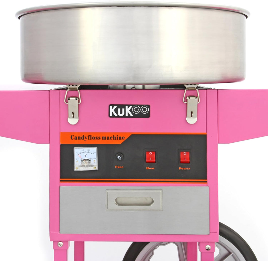 KuKoo Rosa Zuckerwattemaschine Zuckerwattegerät Zuckerwatte mit Wagen, Schubfach und 500 Holzstäbche