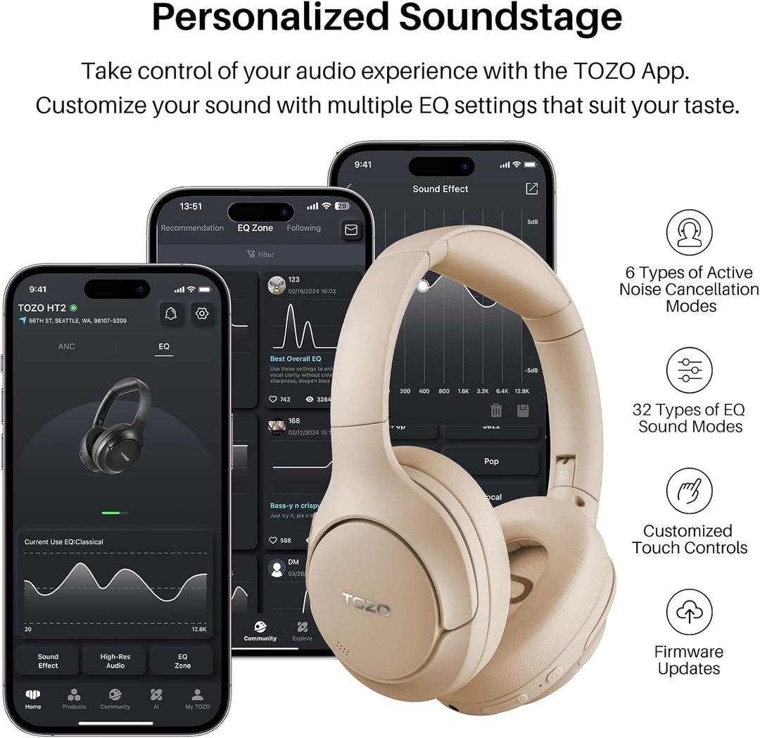 TOZO HT2 Kabelloser Bluetooth Kopfhörer Over-Ear mit Hybrid Active Noise Cancelling, 56 Stdn. Spielz