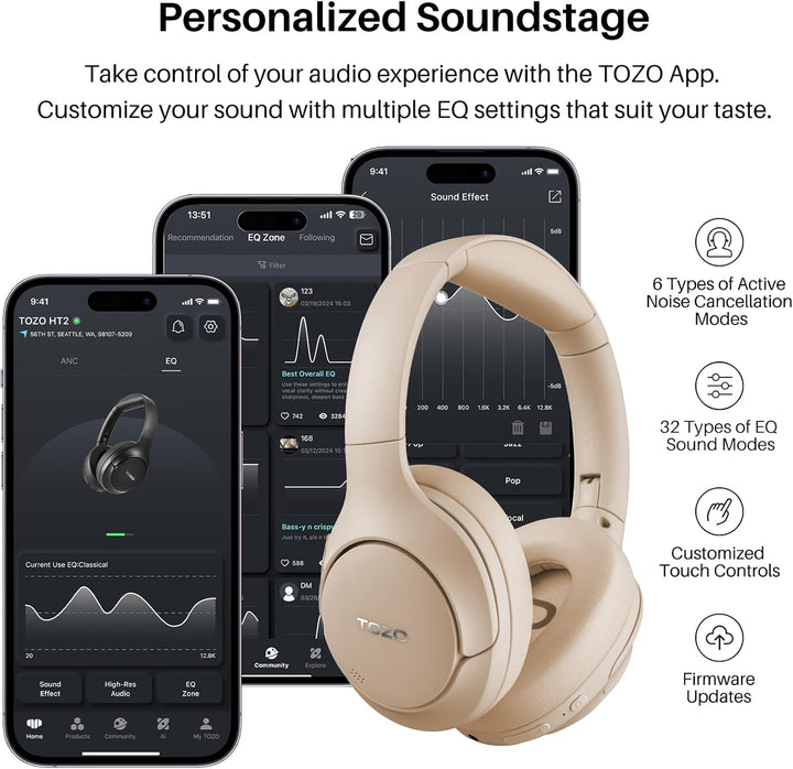 TOZO HT2 Kabelloser Bluetooth Kopfhörer Over-Ear mit Hybrid Active Noise Cancelling, 56 Stdn. Spielz