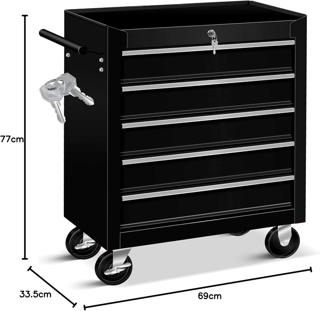 Masko® Werkstattwagen - 5 Schubladen, schwarz ✓ Abschliessbar ✓ Massives Metall | Mobiler Werkzeug-W