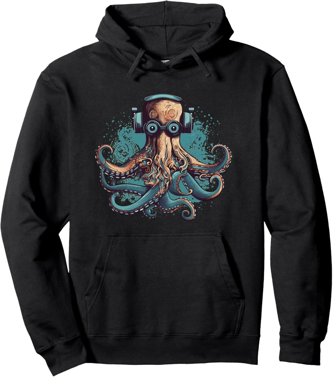 Cooler Nerdy Oktopus mit Brille und Kopfhörern Pullover Hoodie
