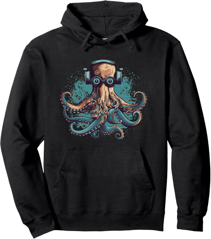 Cooler Nerdy Oktopus mit Brille und Kopfhörern Pullover Hoodie