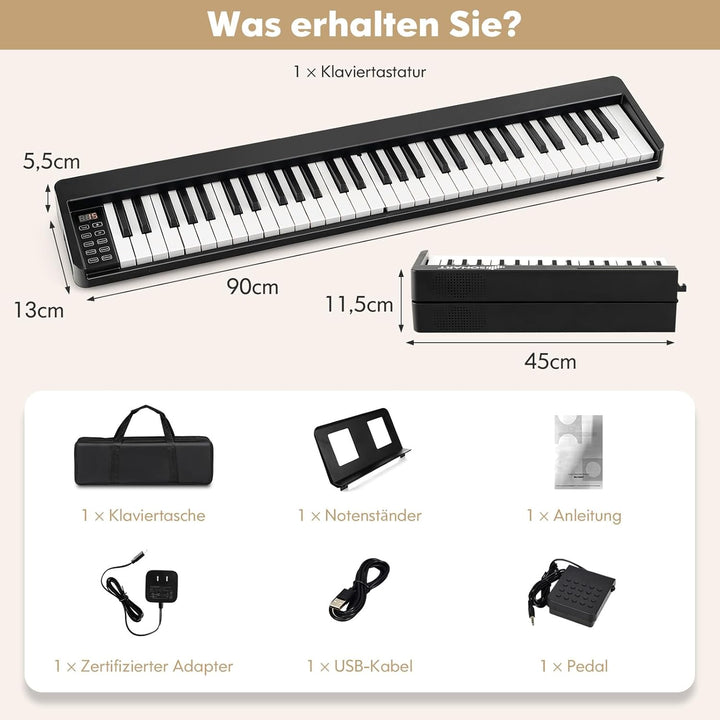 COSTWAY Digital Piano mit 61 Tasten, Elektrtisches Klavier klappbar mit Bluetooth, Notenständer, Ped