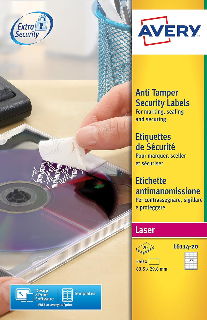 AVERY Zweckform Siegeletiketten Laser 27TV 63,5x29,6mm - Ref L6114-20 (540 Etiketten) 63.5 x 29.6, 6