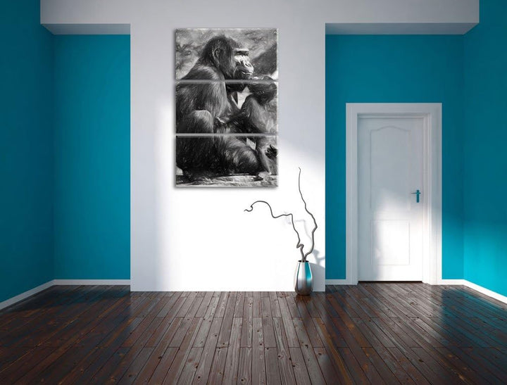 Gorilla-Baby küsst seine Mutter NewArt 3-Teiler Leinwandbild 120x80 Bild auf Leinwand, XXL riesige B