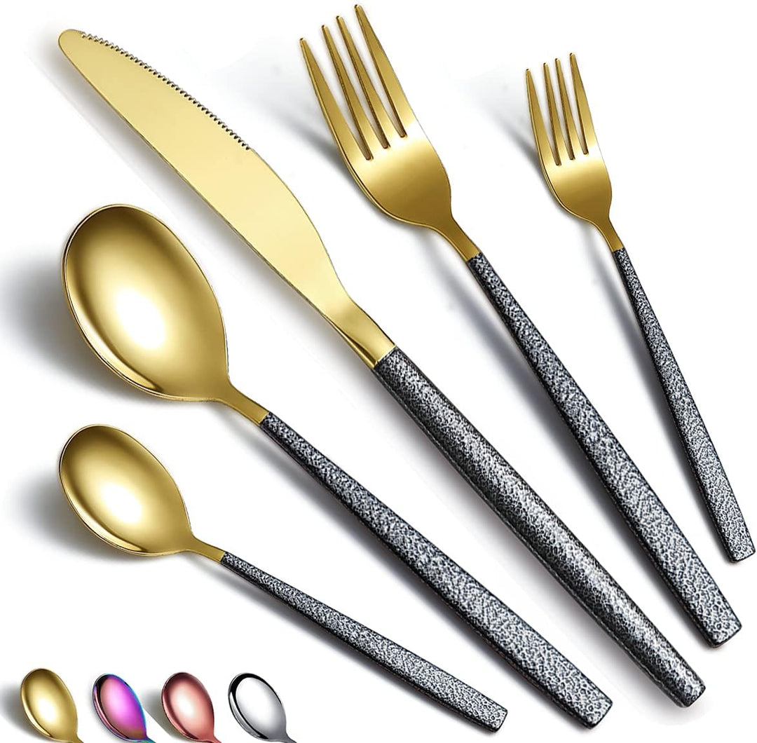 Besteckset 30 Stück Glänzende Goldkopfbeschichtung mit Schwarzem Marsgriff, Edelstahl Titanbeschicht