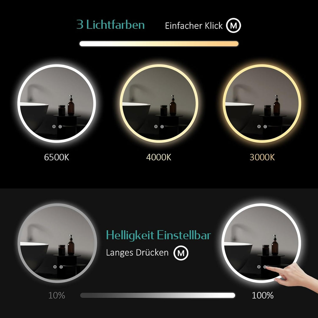 EMKE Badspiegel mit Beleuchtung Rund 60cm Badezimmerspiegel mit Touchschalter, 3 Lichtfarben dimmbar