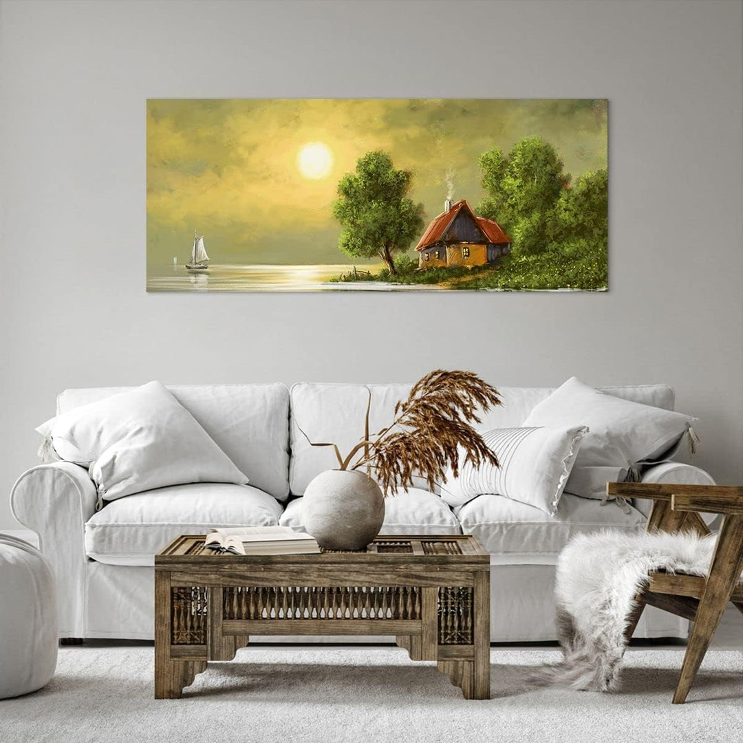 Wandbilder Dekoration Wohnzimmer Boot Wasser Hütte Panorama Bilder auf Leinwand 120x50cm Leinwandbil