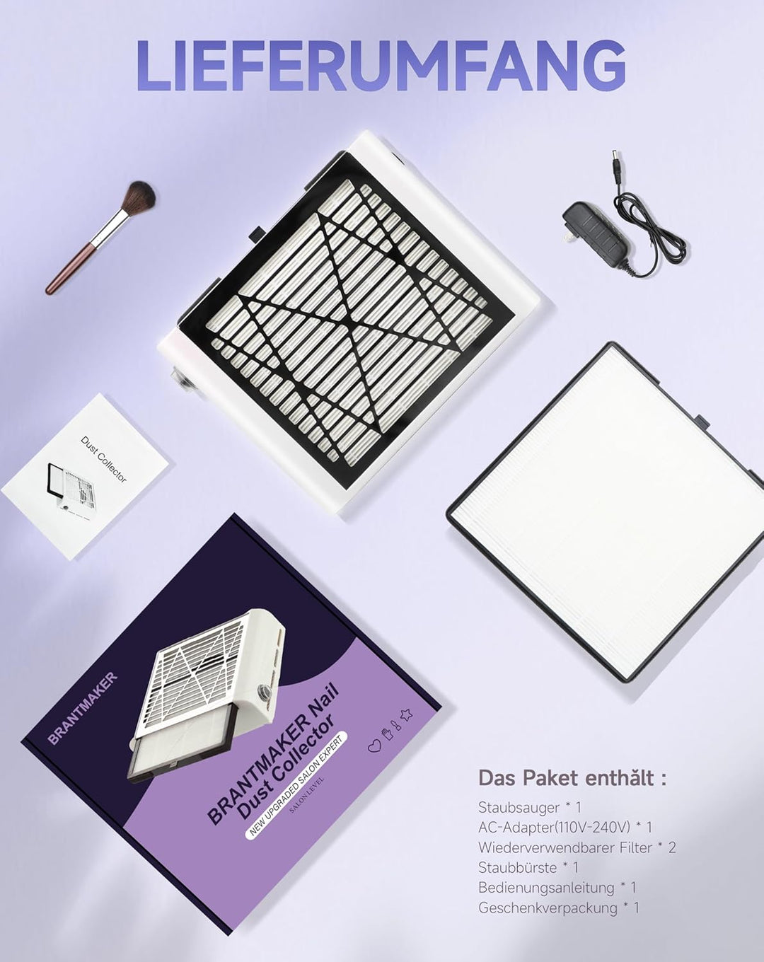 BRANTMAKER Staubabsaugung Nagelstudio Absaugung Nagelstaubsauger, mit Bürste und 2 Wiederverwendbare