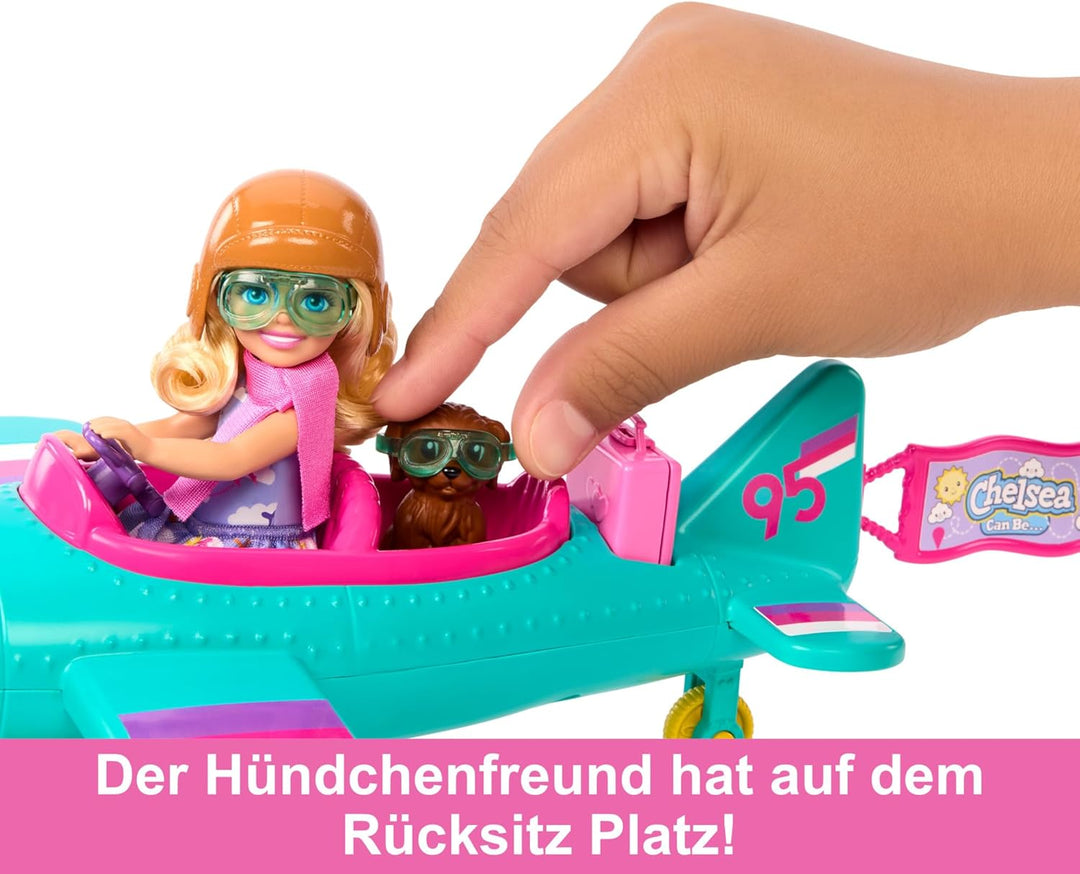BARBIE Chelsea Flugzeug Puppe und Spielset - Pilotenpuppe, Flugzeug, Hündchen und Zubehör für Geschi
